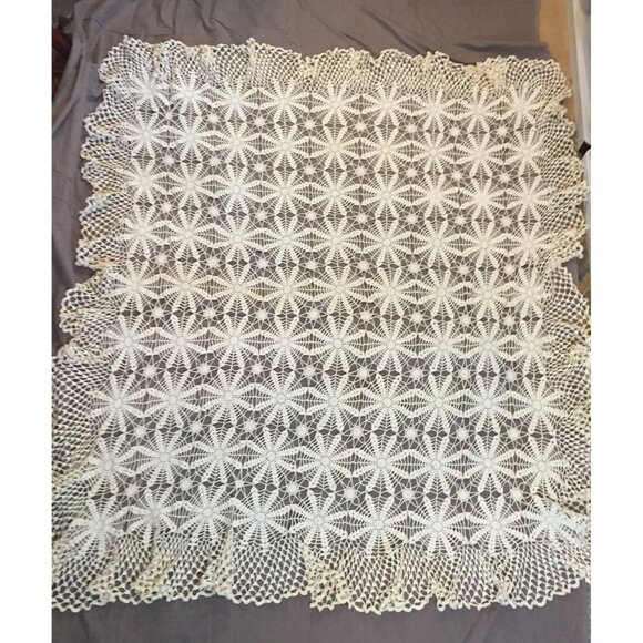 Lace Tablecloth Handmade Crochet  62" Sq Ivory Cotton Farmhouse Cottagecore - Picture 1 of 7